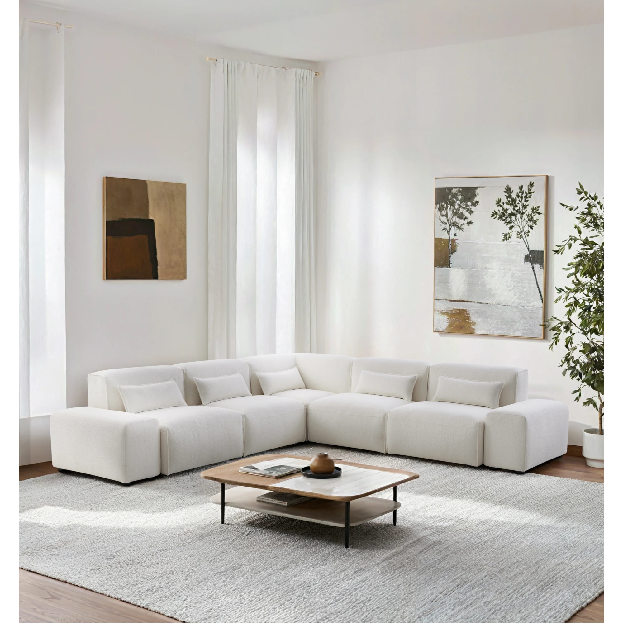 MODE Bravo 5-Seater Modular Corner Sofa with Arm, Boucle, Cream White