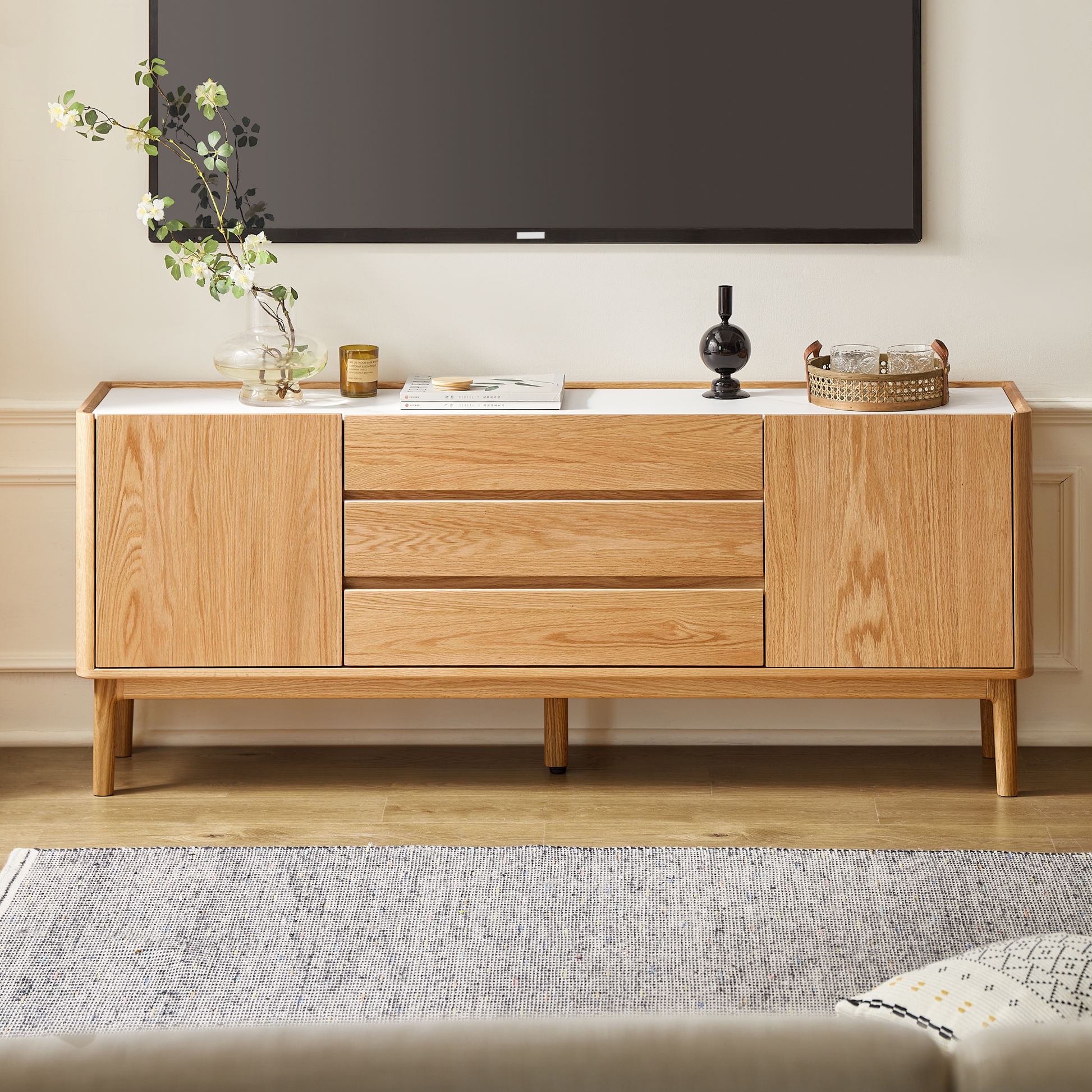 Solidwood Hemura Tall Entertainment Unit with Sintered Stone Top