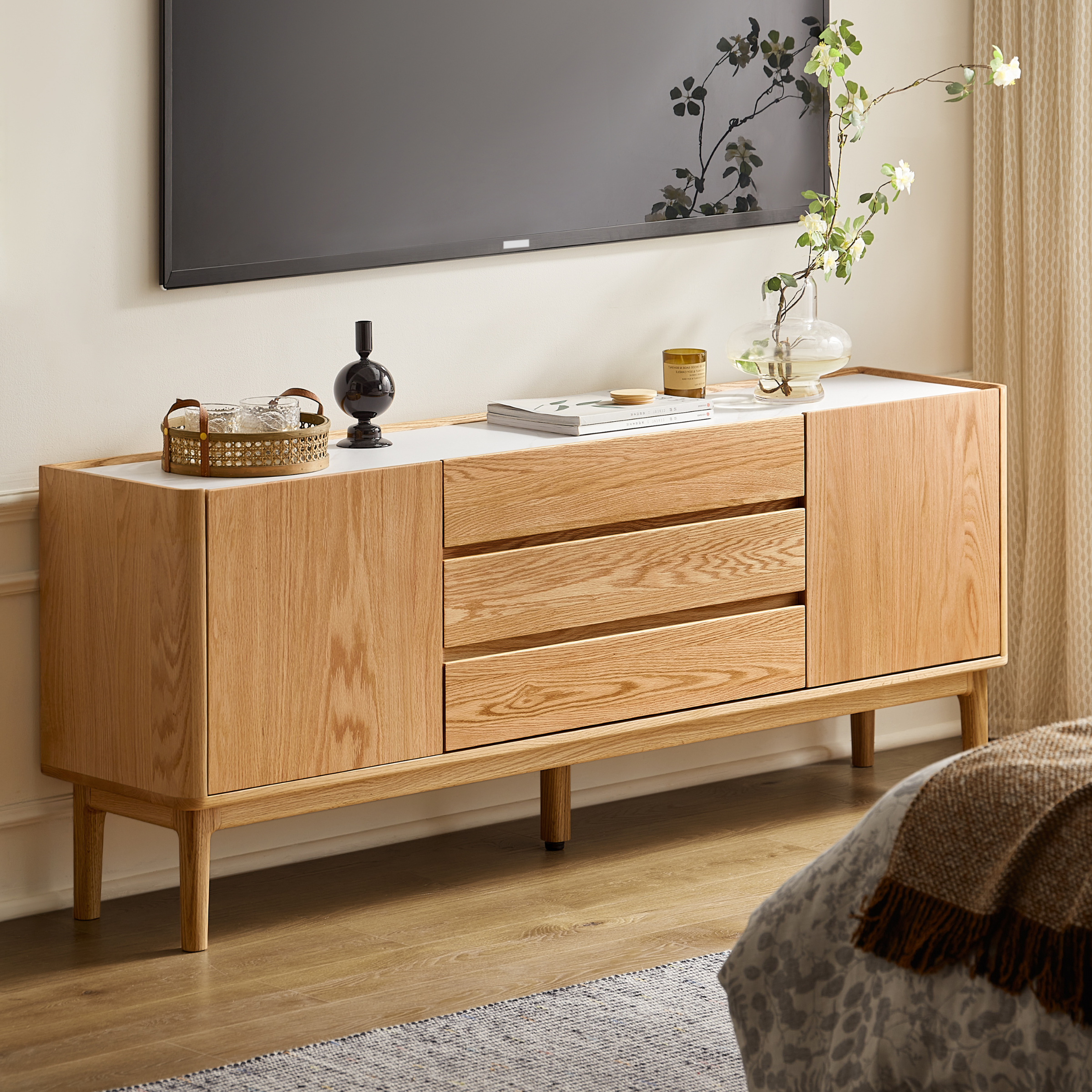 Solidwood Hemura Tall Entertainment Unit with Sintered Stone Top